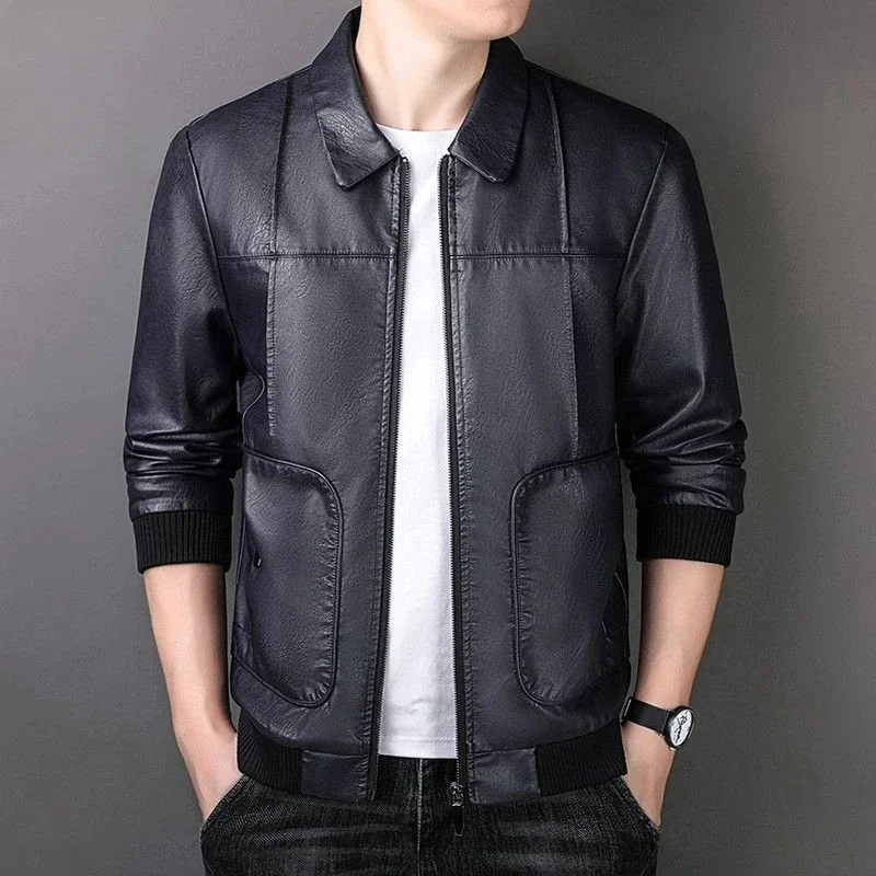 Spring Autumn Thin Casual Solid Color Men Winter Fleece Lined Fashion Large Size PU Leather Jacket