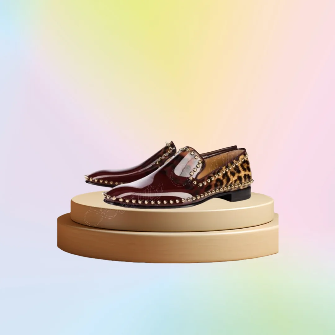 

Brown Leopard Rivet Men Shoes Patchwork Soft Leather Men's Dress Shoes Gentlemen Slip on Party Shoes Big Size 47 Sprig Autumn