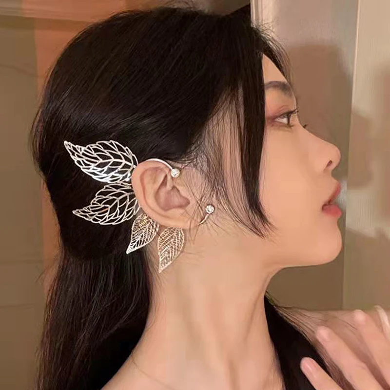 1Pc Chic Elf Ear Cuff Maple Leaf Hollowed Zircon Leaf Cosplay Fairy Earring Clips for Women Girls Wedding Ear Cuff Jewelry