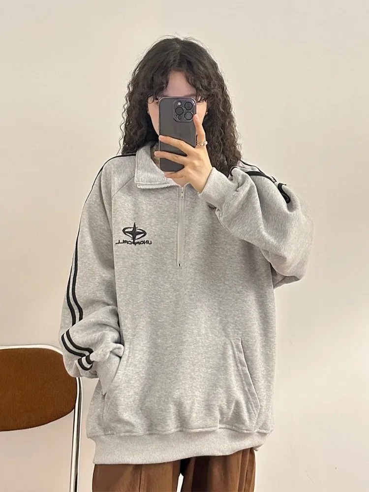 HOUZHOU-sudaderas con capucha Harajuku para mujer, jersey de Polo gris Vintage Y2K con letras bordadas, sudaderas de gran tamaño a rayas, Tops de