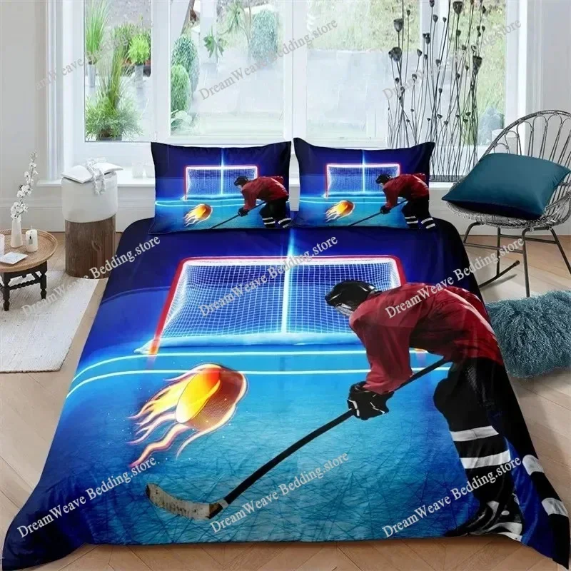 Ice Hockey Sports King Queen Duvet Cover Burning Hockey Ball Bedding Set for Teens Athlete Black Polyester Quilt Cover