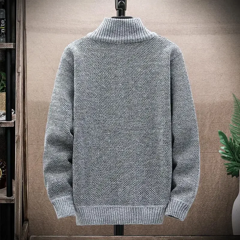 Men\'s Cardigan Sweater 2023 Winter Fleece Zipper Stand-up Collar Solid Color Casual Knitted Sweater Coat Jacket Male Clothing