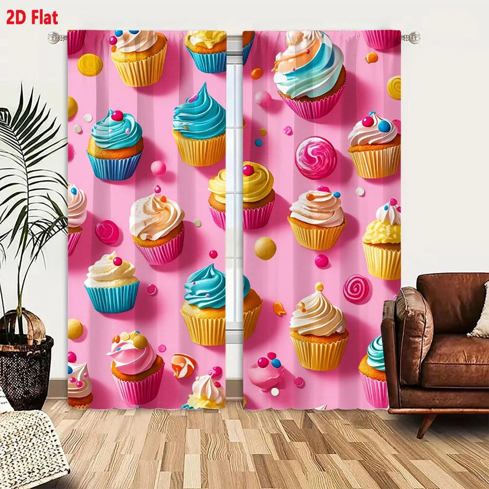 2Pcs Curtains 2D Flat Vibrant Cupcake Pattern With Colorful Frosting And Sprinkles On Pink Background Window Drapes for Bedroom