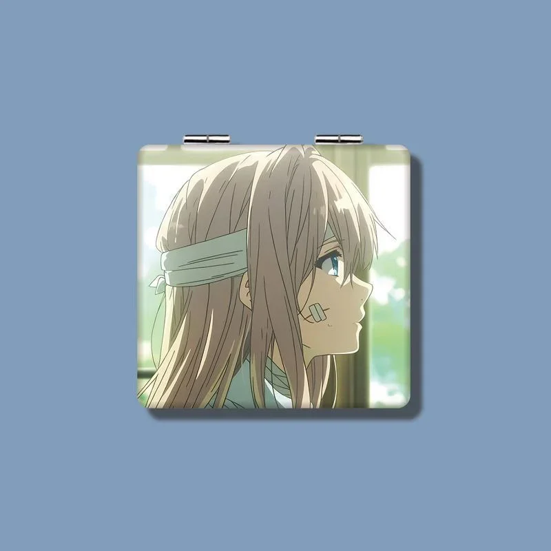 7x6cm, Violet Evergarden, zusammenklappbarer doppelseitiger Schminkspiegel, tragbar, für Reisen, Tasche, Anime, süße Mädchen, Kinder, Vergrößerung, quadratisch