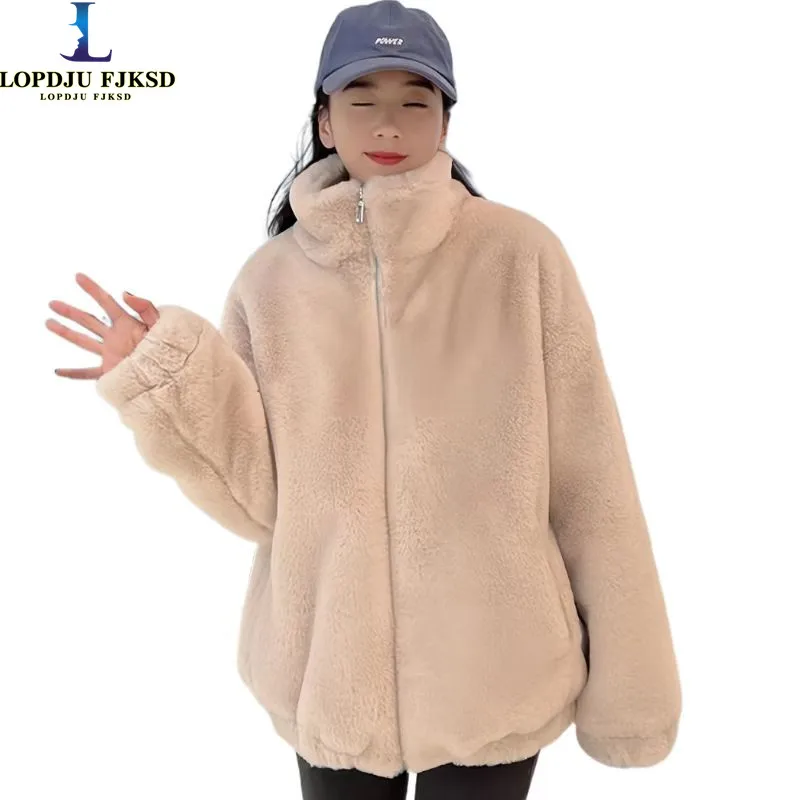 

Women's Faux Rabbit Fur Coats,Zippers Jacket, Female Loose Thick Warm Clothes,England Style,O-Neck,Winter,New