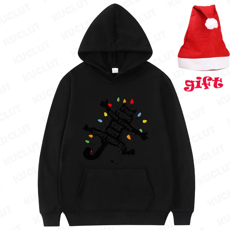 Xmas Hoodies If That Thing Had Nine Lives She Just Spent Them All Hoodies Cat Christmas Light Sweatshirts with Christmas Hats