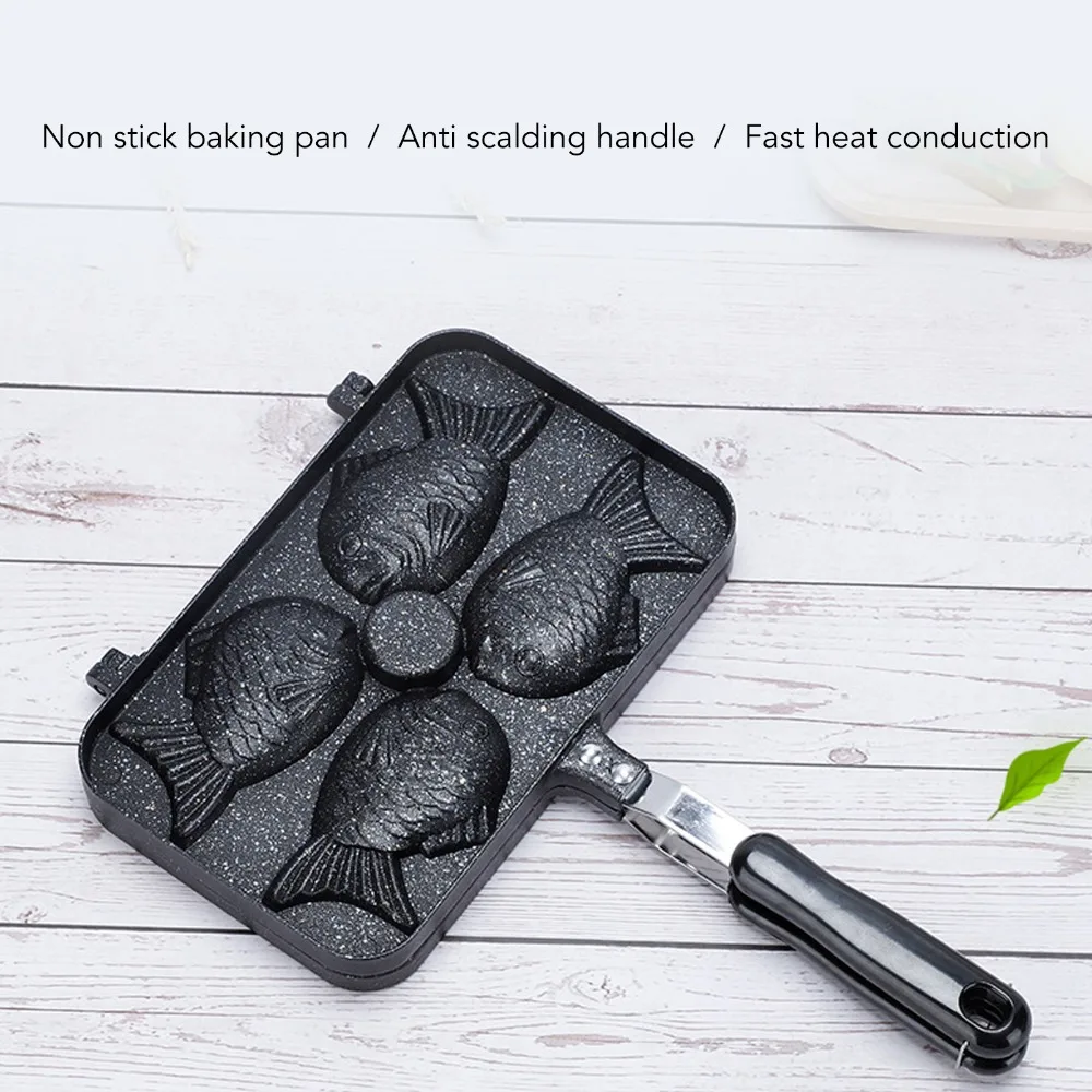 Non Stick Taiyaki Fish Shape Cake Maker 4 Grids Fish Shape Aluminium Alloy Taiyaki Frying Pan Double Sided Anti Scalding Handle