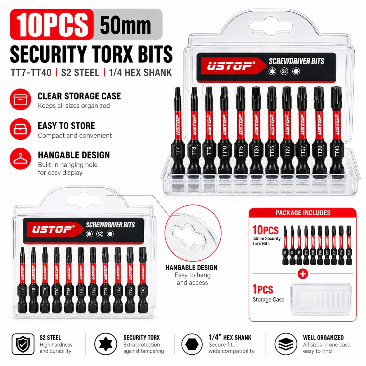10PCS 50mm Security Torx Bit Set S2 Steel Magnetic Tamper Proof Star Screwdriver Bits TT7-TT40 1/4 Inch Hex Shank with Storage Case for Auto Appliance Repair