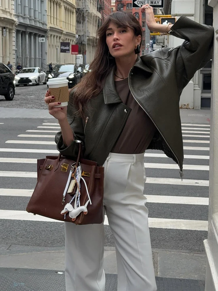 Green Zipper Leather Jacket Women Casual Stand Coller Long Sleeve Loose Coat Chic 2025 Lady Autumn Outerwear Daily Street Coats