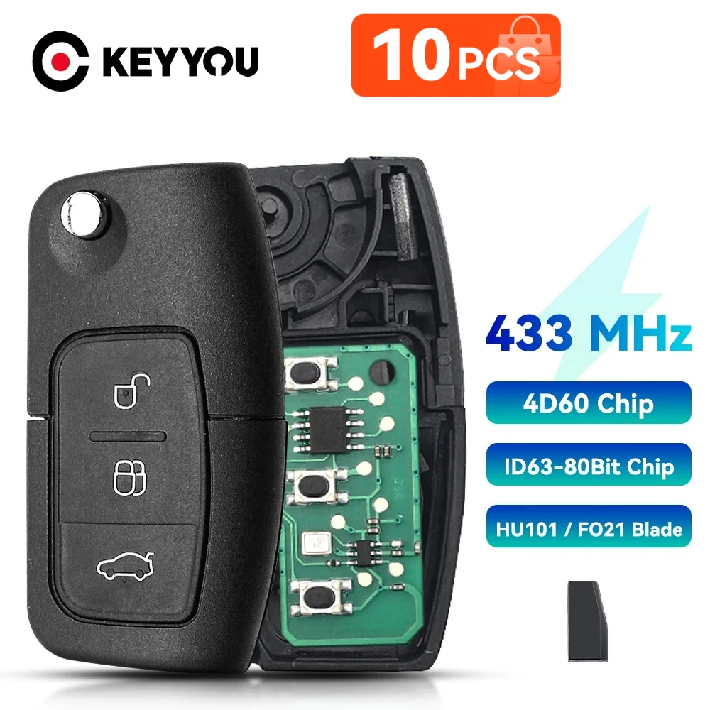 

KEYYOU 10PCS 433MHz 3 Buttons Car Key For Ford Focus 3 Mondeo C Max S Max Galaxy Fiesta 4D63/4D60 Chip ASK Remote Control Key