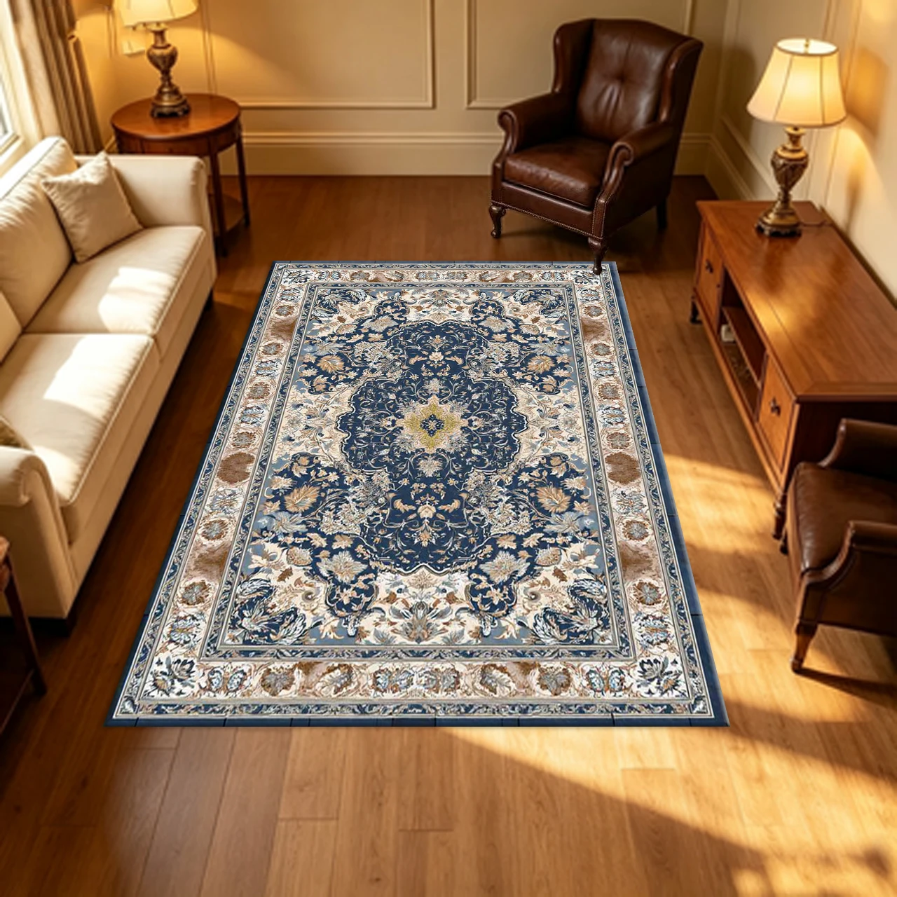 Luxury Vintage Oriental Medallion Floral Carpet Flooring Navy Beige Brown Ornate Frame Household Living Room Area Rug