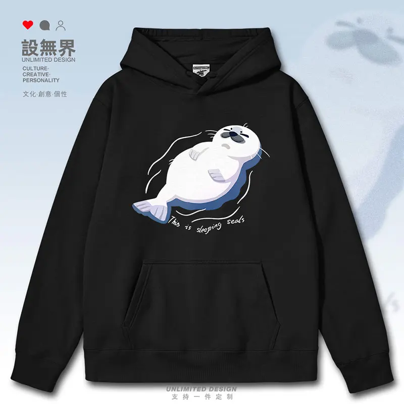 Original cute cartoon illustration of cute little seals swimming with animals mens hoodies men sports autumn winter clothes