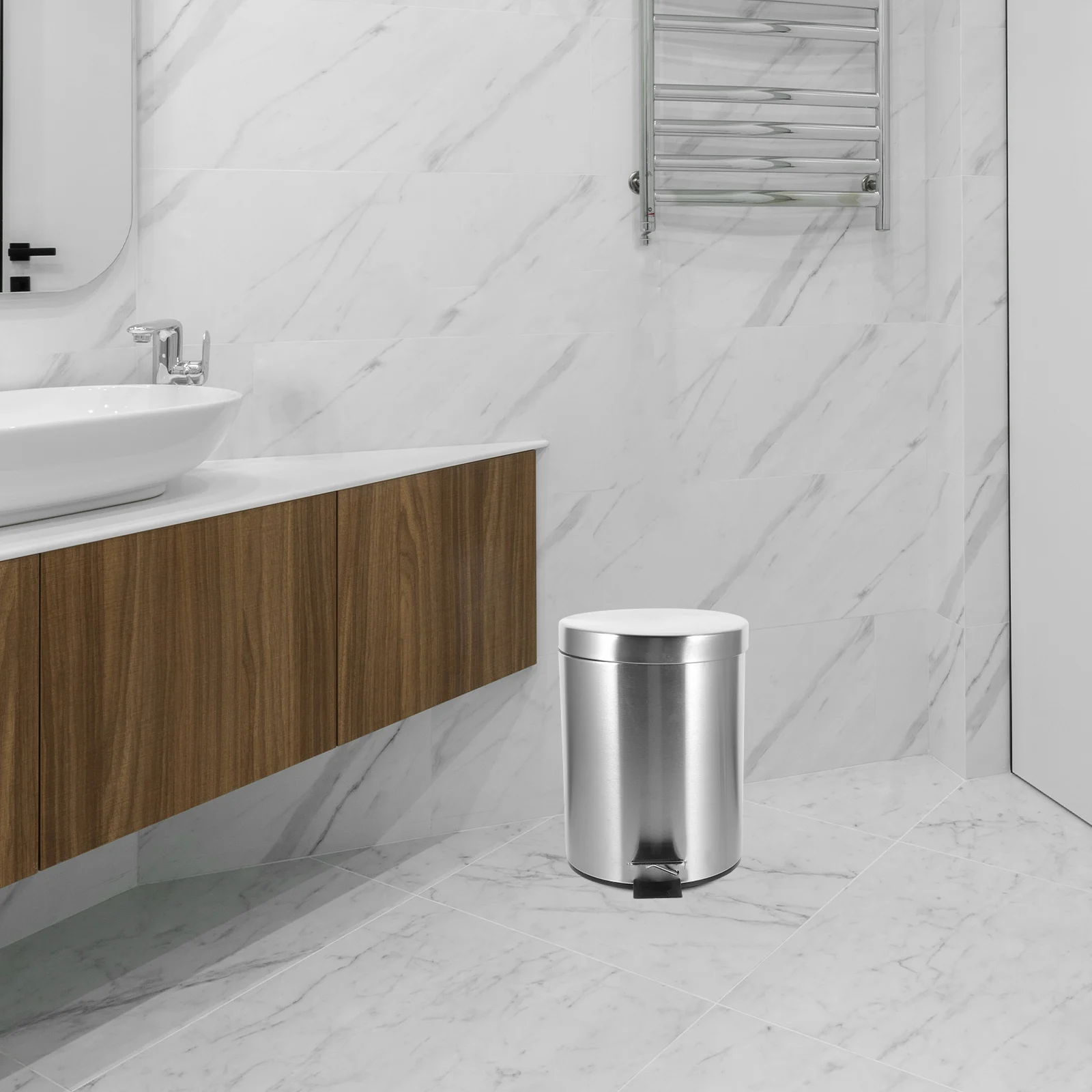

Stainless Steel Trash Can Pedal Lidded Dust Bin Bathroom Waste Basket Multi-Functional Simple Design Home Office Kitchen