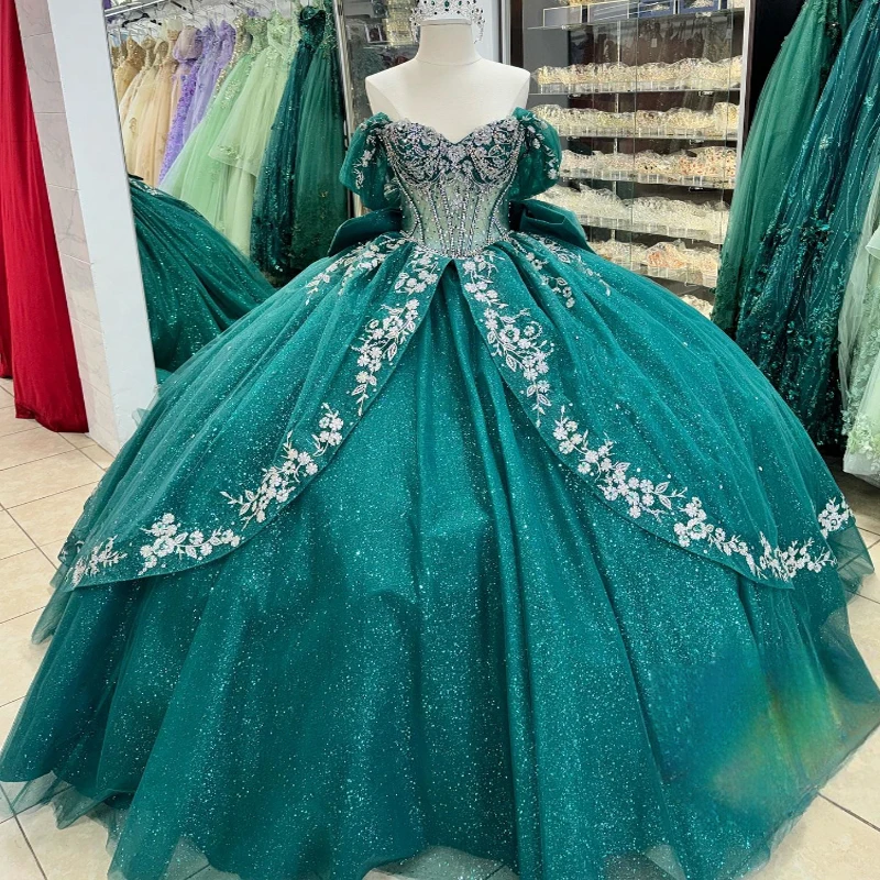 

Sparkly Blackish Green Quinceanera Dresses Ball Gown Off The Shoulder Lace Bow Beading Tull Corset Sweet 16 Dress Vestidos De 15