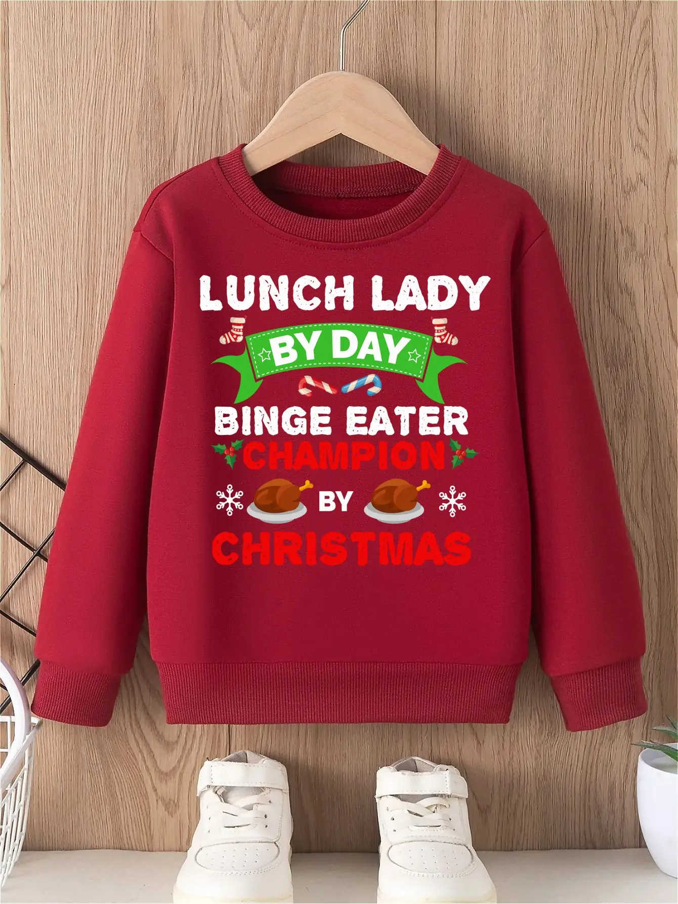 Christmas Girls' Hoodless Sweatshirt LUNCH LADY BINGE EATER CHRISTMAS Text Striped Stockings Soft Comfortable Round Neck Top