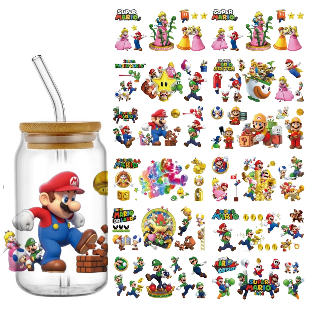 Miniso Cartoon super Mario UV DTF Transfer Stickers For 16oz Coffee Glass Bottle Can Cup Wraps Permanent Self-adhesive DIY Decal