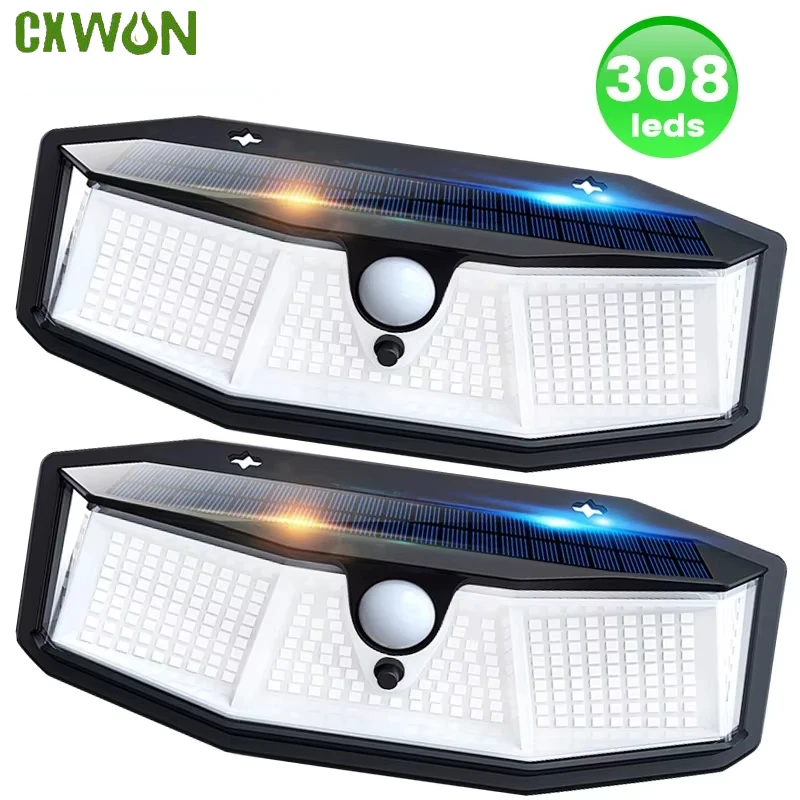 

308 LED Solar Porch Light Motion Sensor Light SunLight 3 Modes Street Wall Lamp Weatherproof LED Spotlight for Outdoor Garden