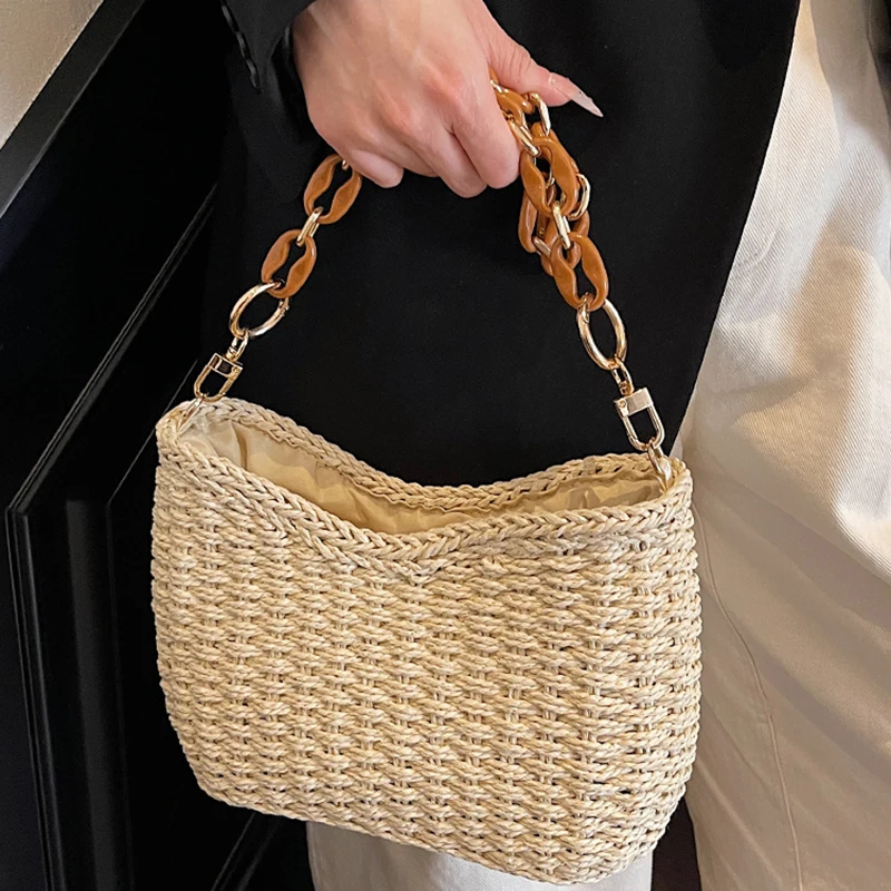 

Country-style Straw Women's Shoulder Bag 2025 Summer New Beach Holiday Woven Handbags Fashionable Chain Underarm Bag