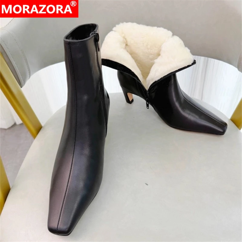 

MORAZORA, новые зимние ботинки из натуральной кожи, большие размеры 34–42, женские зимние ботильоны из натуральной шерсти на высоком каблуке с квадратным носком
