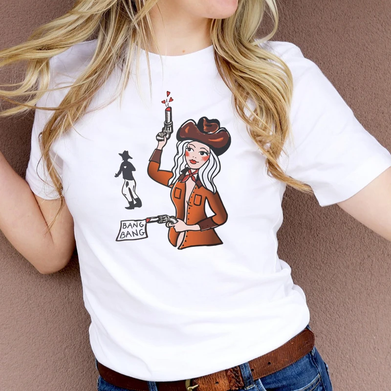 Sexy Lady Gun Bang Bang Halloween T Shirts Cotton Short Sleeve Graphic Tee Festival T-shirt Gothic Clothes Tshirt Dropshipping