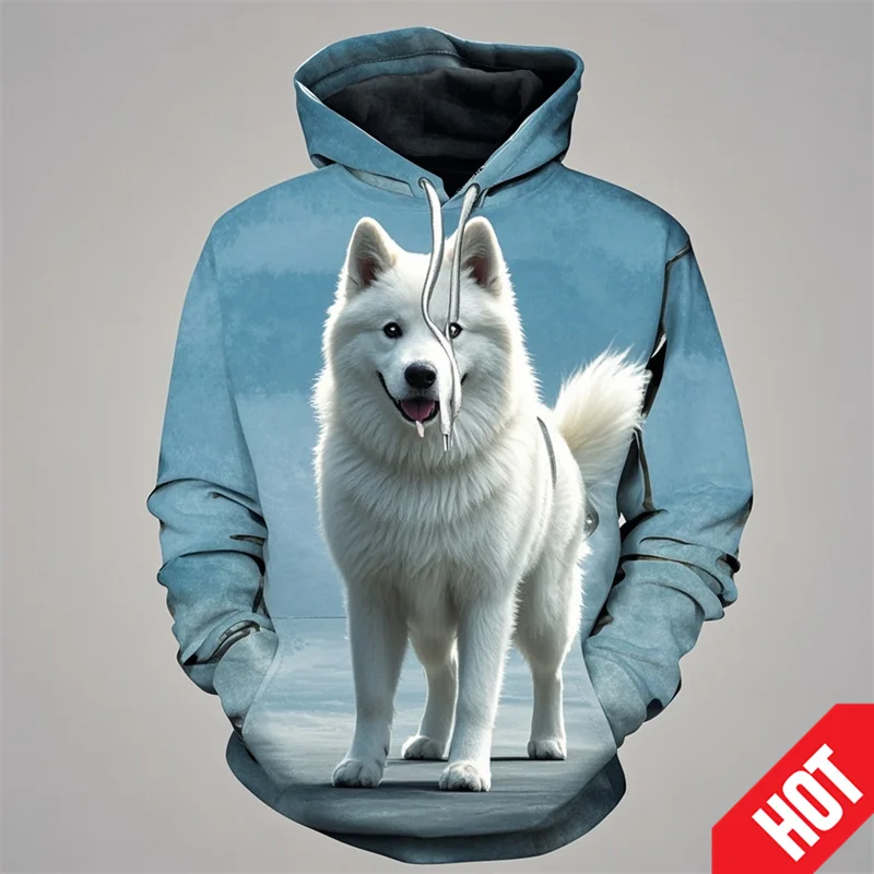 Cute Samoyed Pattern Hoodies Fashion Casual Long Sleeve Funny Dogs Animals 3D Printed Pullovers Mens Kids Harajuku Casual Hoody