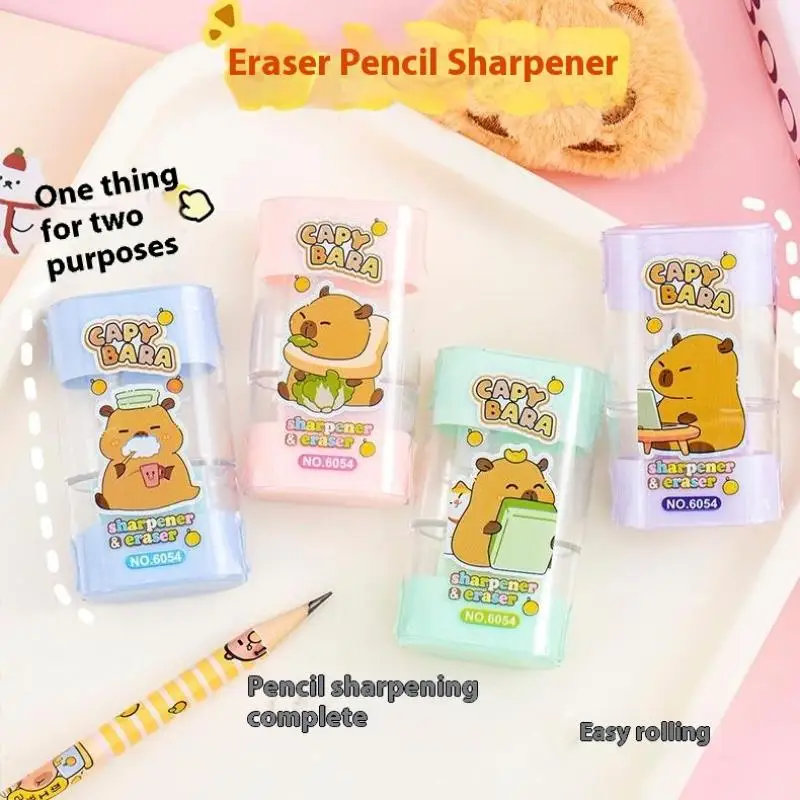 4Pcs 크리 에이 티브 만화 Capybara 2In1 수동 연필 깎이 지우개 귀여운 어린이 편지지 선물 학생 학교 용품
