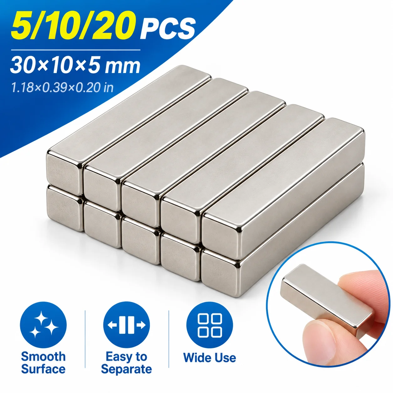 5/10/20PCS Rectangular Block Magnets 30x10x5mm, Flat Bar Magnets for Home, Office, Workshop, Storage & Organization