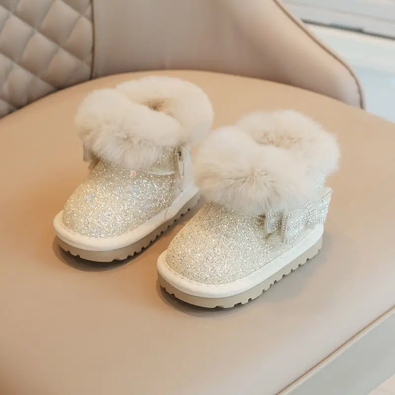 Girls Sparkly Snow Boots Kids Glitter Faux Fur Winter Boots Bowknot Warm Waterproof Non-Slip Short Boots Princess