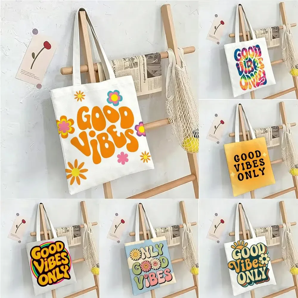 Ins Minimalist Good Vibes Only Storage Bags  Shopper Bags Handbags Canvas Shoulder Bags Woman Shopping Bags High Capacity