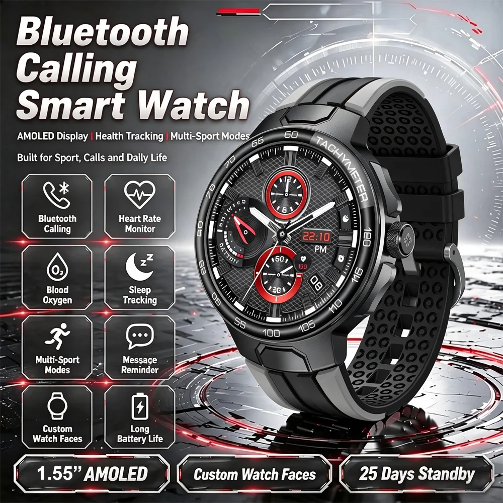 New sporty health smartwatch with heart rate, blood pressure, blood oxygen red light monitoring and wireless calling