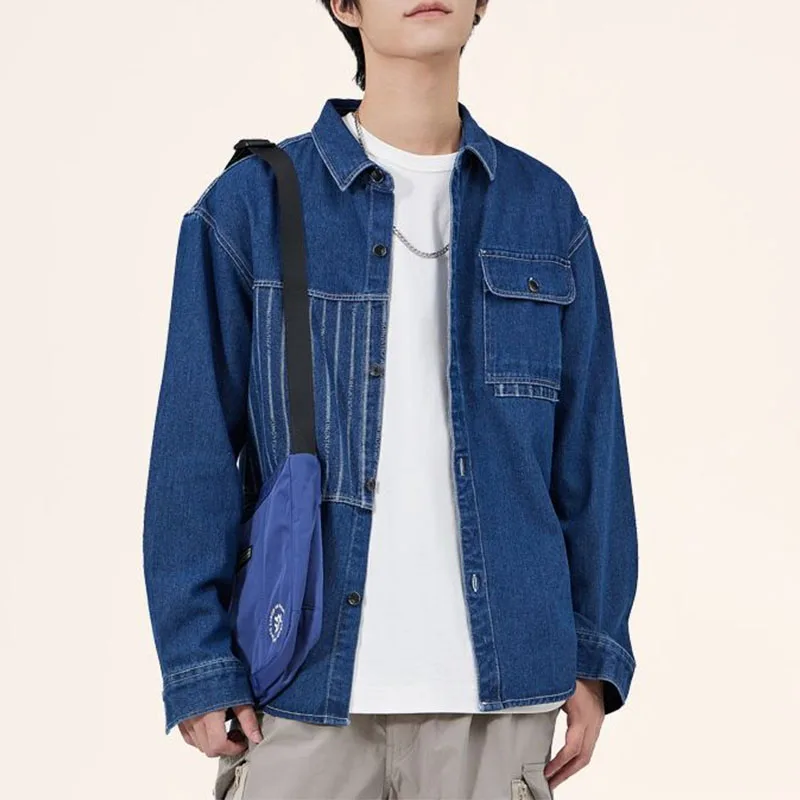 

Men Korean Chic Turn-down Collar Pocket Denim Jackets Spring Autumn Long Sleeve Now Casual Loose Wear Out Vintage Fashion Coats