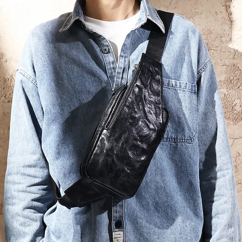 Leather black functional breast bag first layer cowhide men's casual sports retro messenger bag