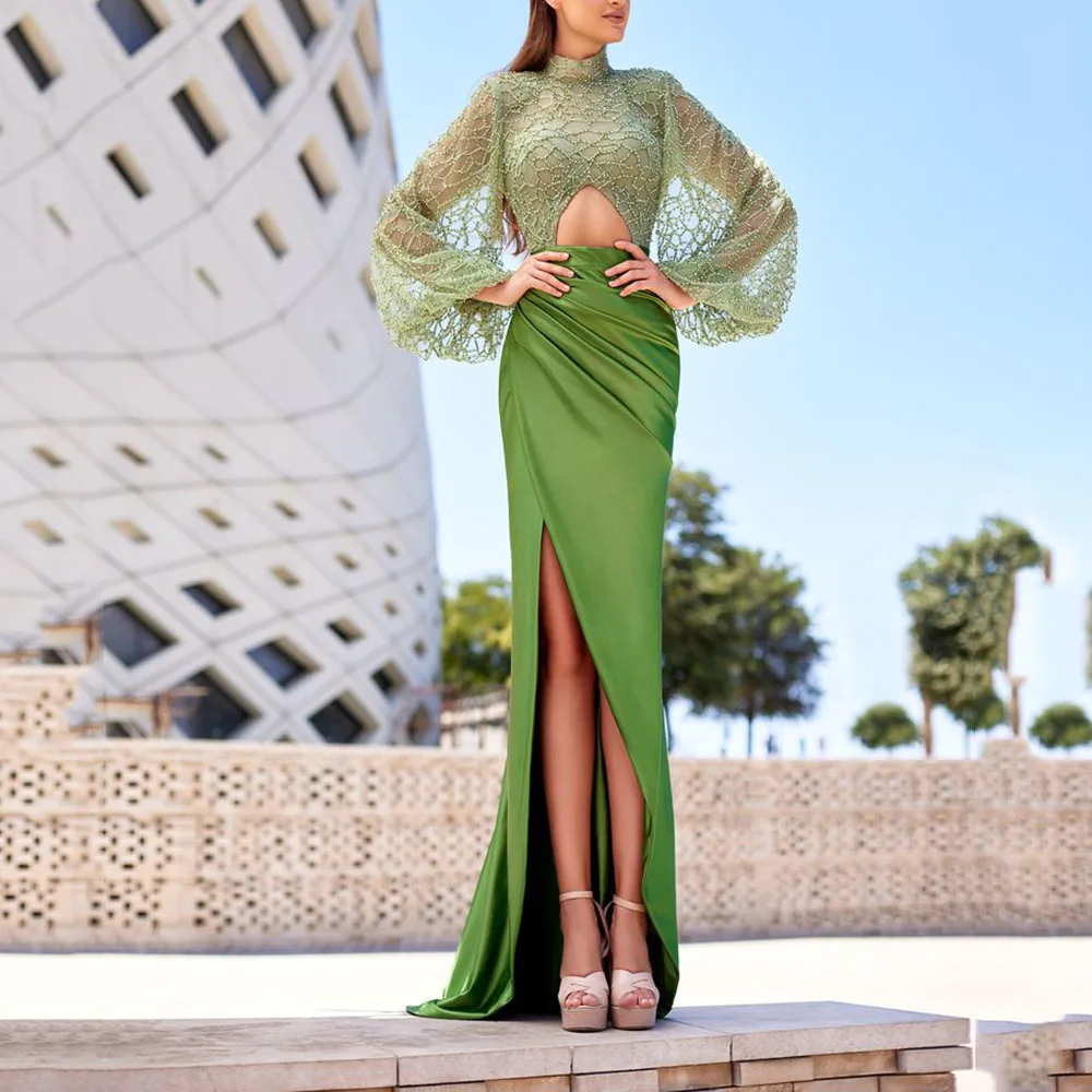 Elegant Green Mother of the Bride Dresses Slim Fit High Collar Illusion Full Sleeves Floor Length Side Split Women Prom Gowns