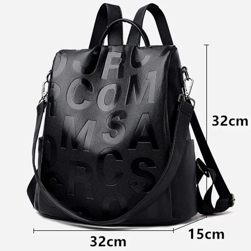 Fashion Letter Women\'s Anti theft Backpack High Quality PU Leather Female Shoulder Bags Waterproof School Bag For Girl Mochila