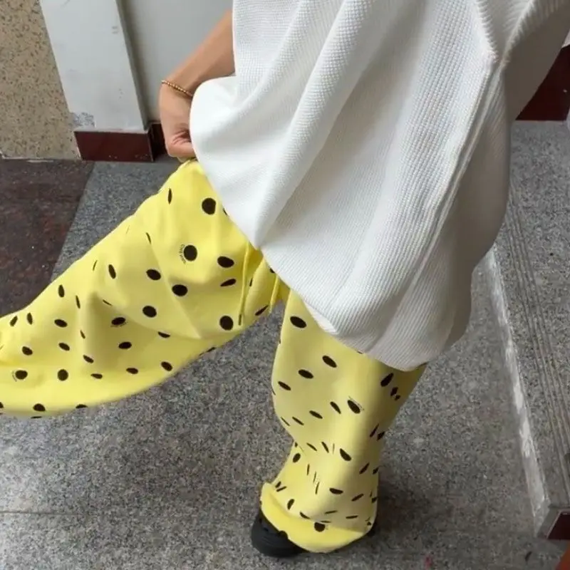 Amerykański styl, słodkie, swobodne, leniwe, modne, pełne wzorów, szerokie nogawki, luźne spodnie codzienne, spodnie sportowe, luźny krój, streetwear, nowość