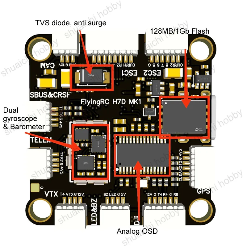 1Zestaw H7D MK1 H743 Kontrola lotu 2S-6S 6V-26V Napięcie wejściowe 8 Wyjście PWM Podwójny żyroskop Obsługa oprogramowania sprzętowego BF/INAV/AP do