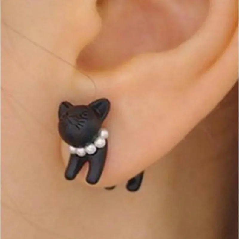 1 Pair Women Fashion Cute Girl Animal Black Cat Pearl Stud Earring Puncture Ear Charm Jewelry (color Black) Detachable earrings