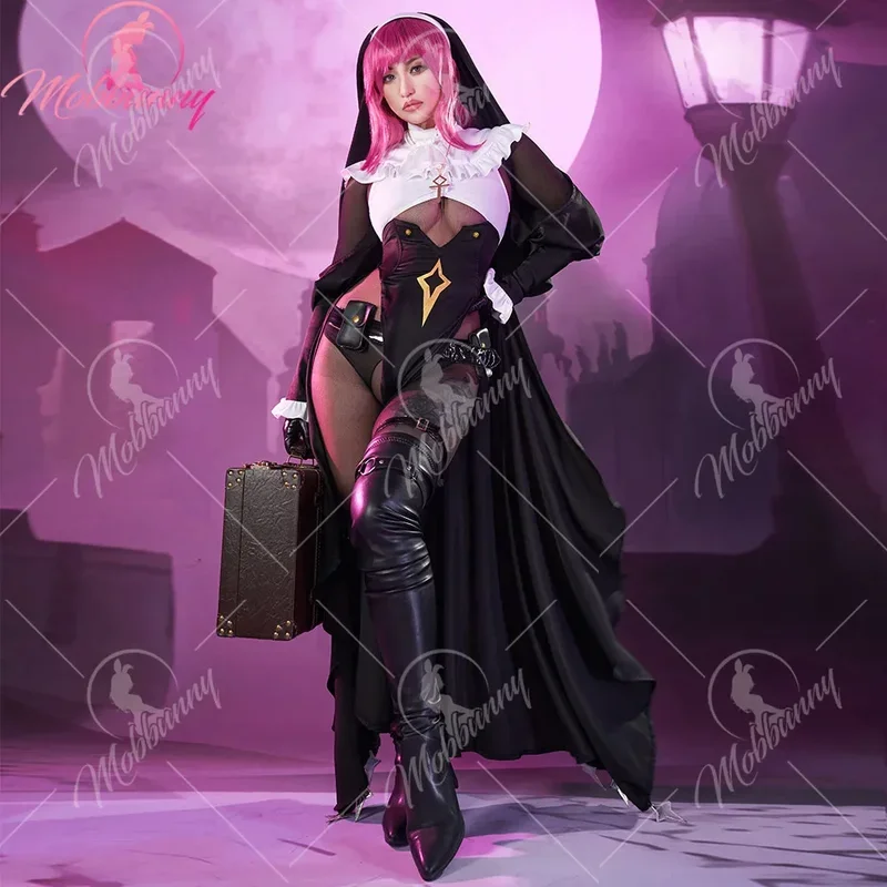

EE01 Mobbunny Sexy Lingerie Set Halloween Nun Costume High Slit Dress Set with Headband Necklace&0Ww