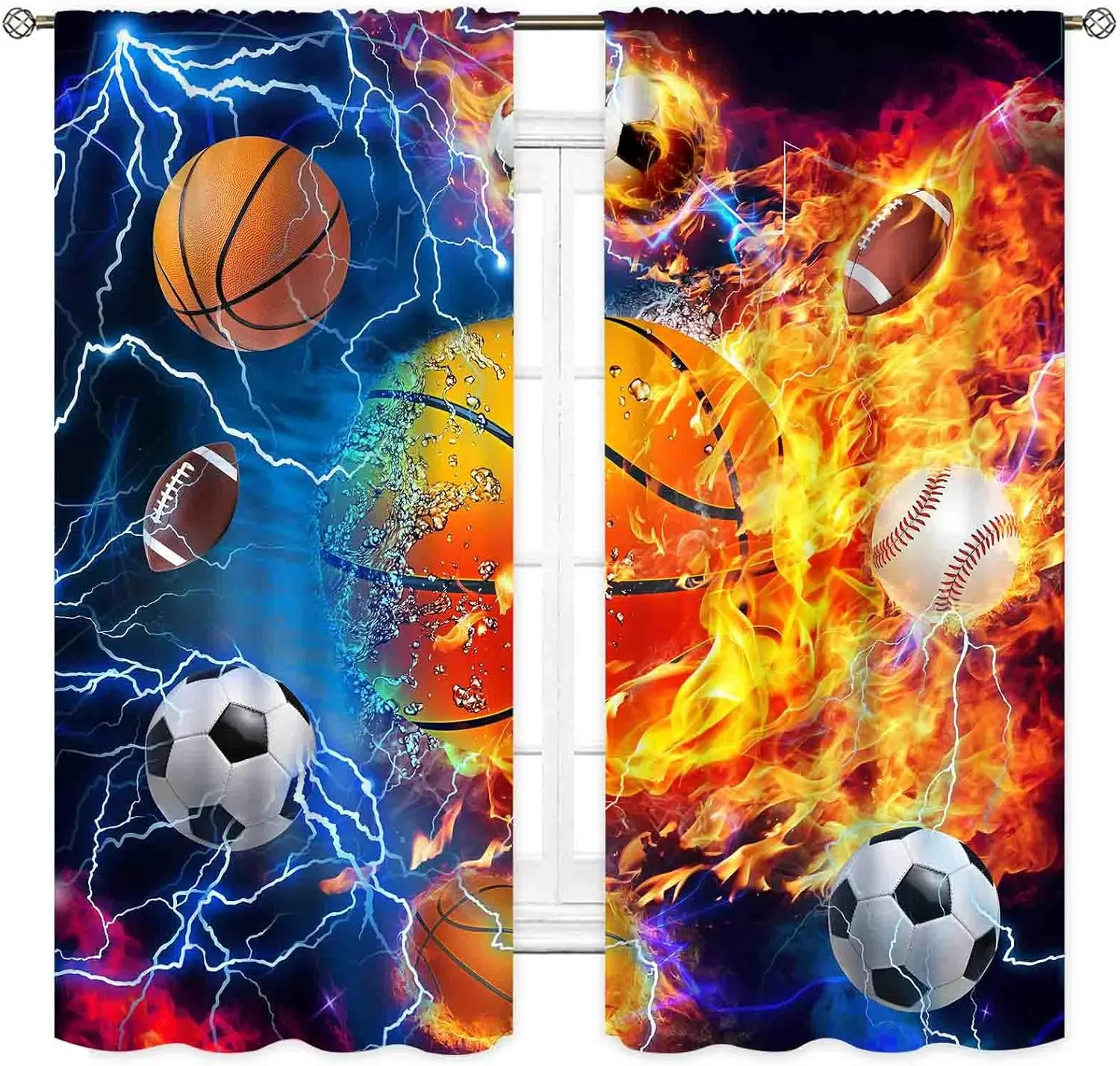 Basketball Sports Blackout Curtains for Boys Room, Fire Flash Gaming Drapes, Soccer Baseball Football Window Panels
