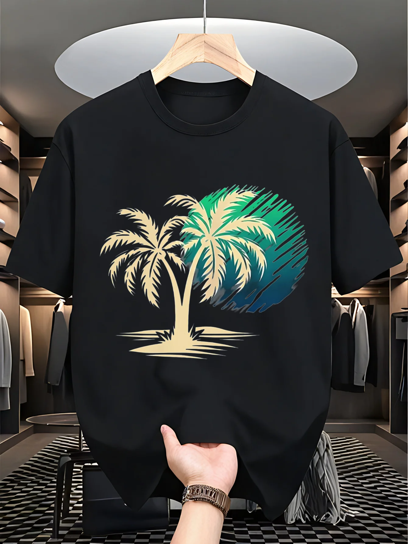 

Large Men's Tropical Palm Tree Printed Pure Cotton T-shirt Breathable Short Sleeved Casual Shirt with Geometric Pattern Design