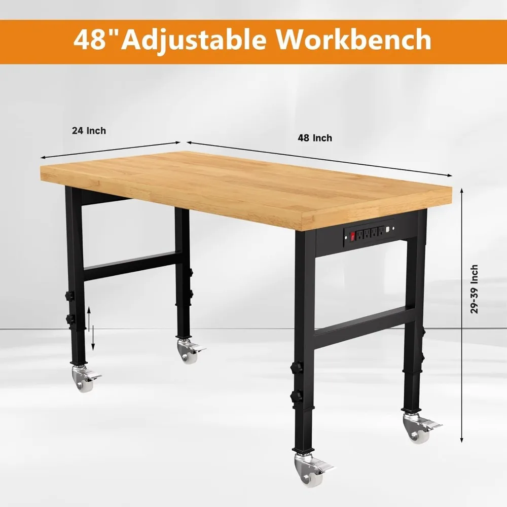 Heavy-Duty Adjustable Height Solid Wood Workbench with Wheels and Power Outlets, 2000 LB Capacity for Industrial Use