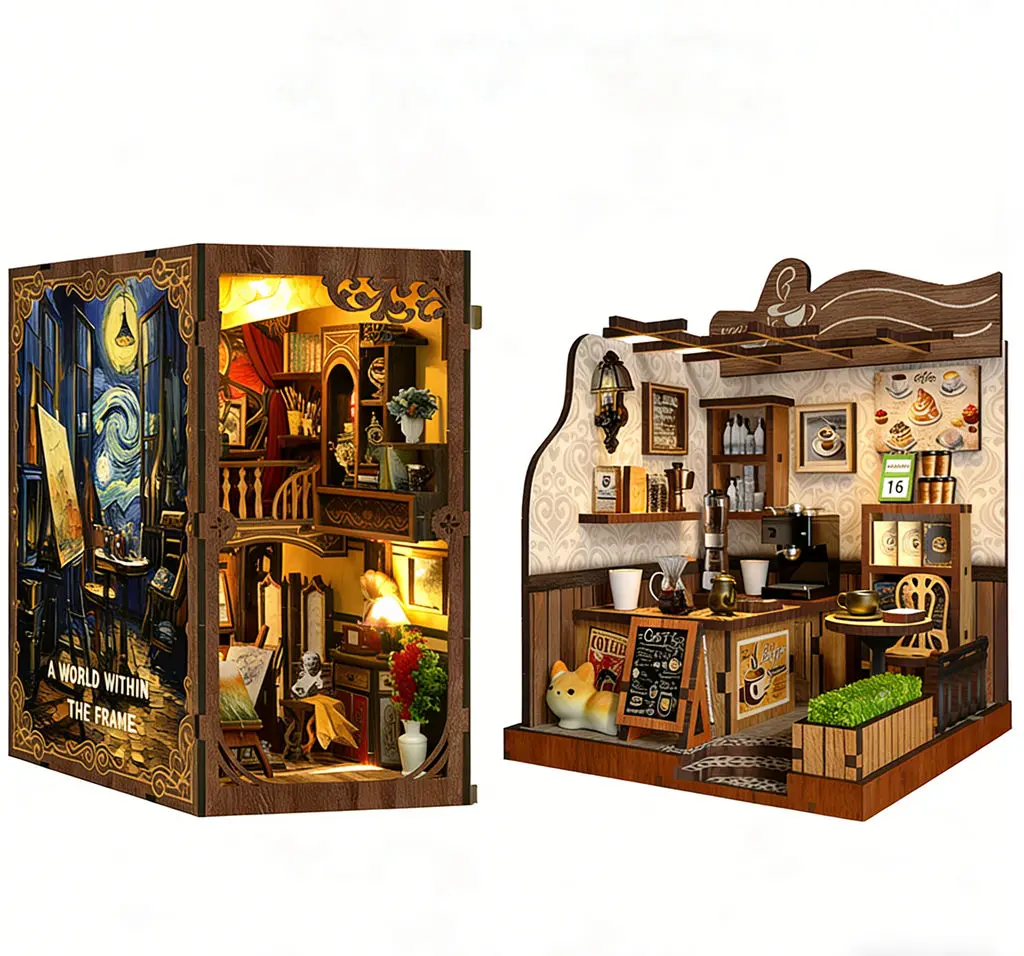 

2-in-1 DIY 3D Wooden Puzzle Kit - Frame World Bookend & Country Coffee House Miniature House Handmade Creative Gift Toy