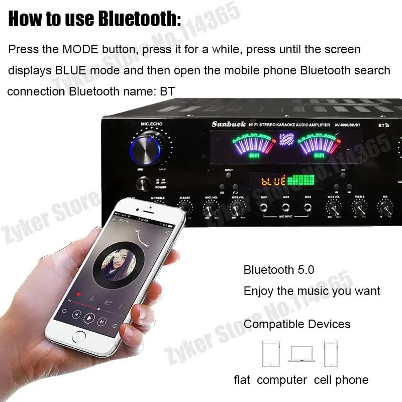 999BT/555BT HiFi Stereo Digital Bluetooth Verstärker Dual Dynamische Bildschirm Sound AMP Für Home Auto Treffen Karaoke Kino max 4000W – Detail 9