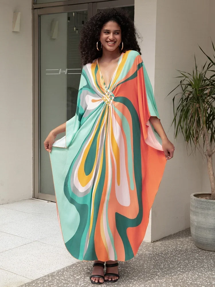 

Plus Size Kaftan Dress For Women Sexy V-neck Batwing Sleeve Summer 2024 Caosal Loose Vacation Robe Long Dresses Q1628