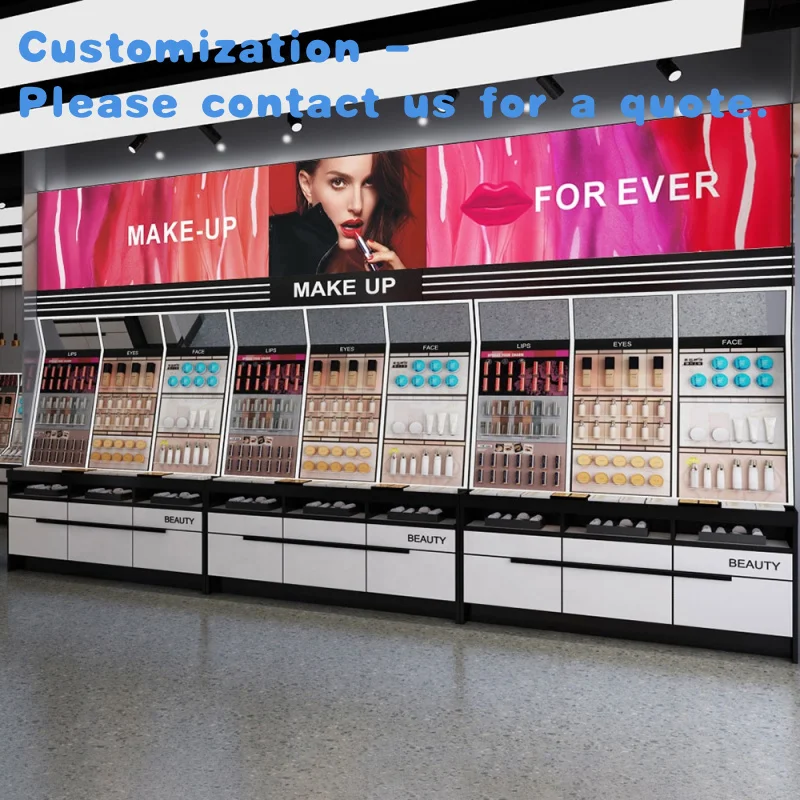 

custom.Makeup Store Cosmetic Retail Counter Table With Shelf Skincare Display Showcase Kiosk Beauty Perfume Retail Display