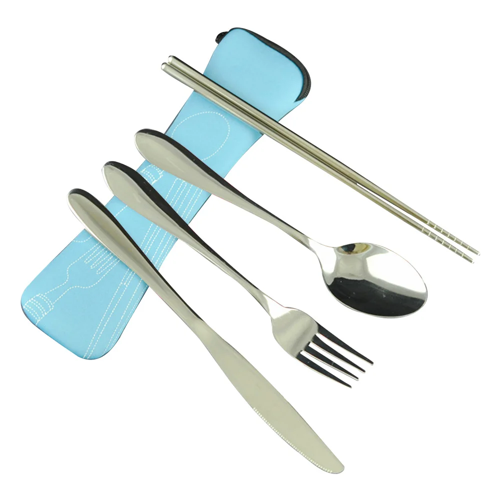 

1Set Portable Stainless Steel Cutlery Set Sky Blue 4 Pieces Spoon Fork Chopsticks Lightweight Travel Camping Dinnerware