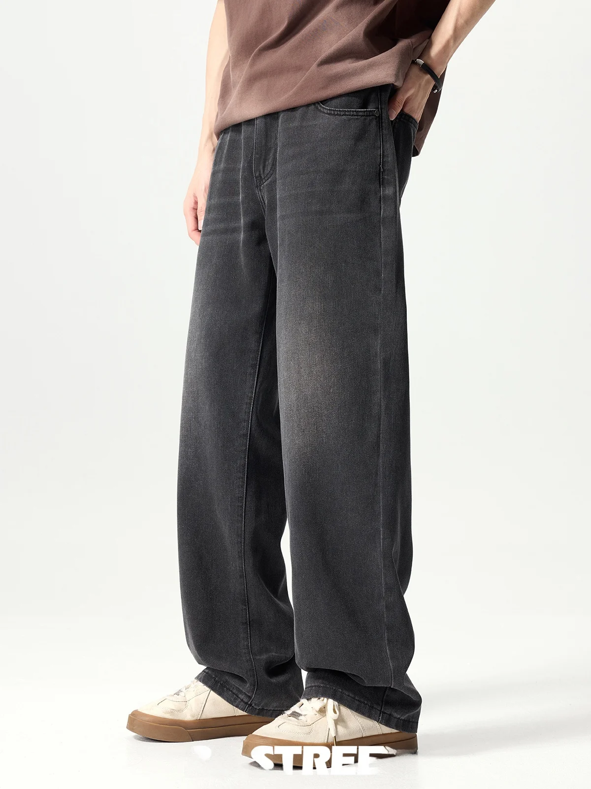 Thir-Sixth Street CleanFit Casual Bla Jeans Men's Loose Straight Leg American Vintage Long Pants Water Waed Denim