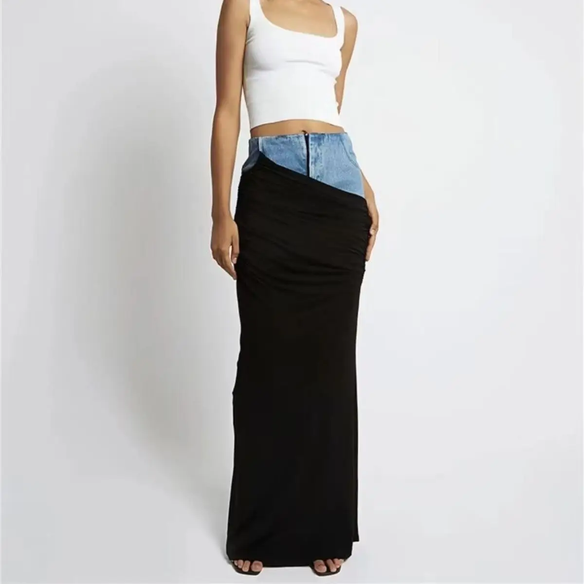High Waist Skirt Women's 2026 Spring New Black Pleated Splicing Design Long Denim Skirt