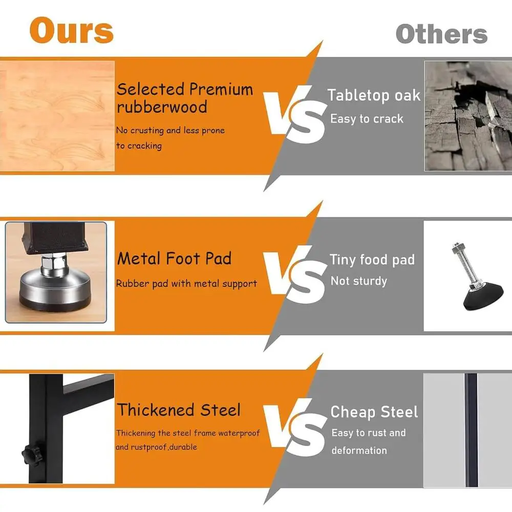 Banco de trabajo ajustable, tomas de corriente de escritorio, mesa resistente de madera maciza, carga de 2000 LBS