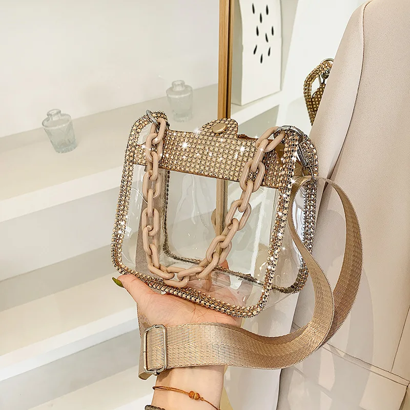 PVC Transparent Shoulder Crossbody Bag Rhinestone Thick Chain Ladies Small Purse and Handbags Fashion Jelly Summer Beach Totes